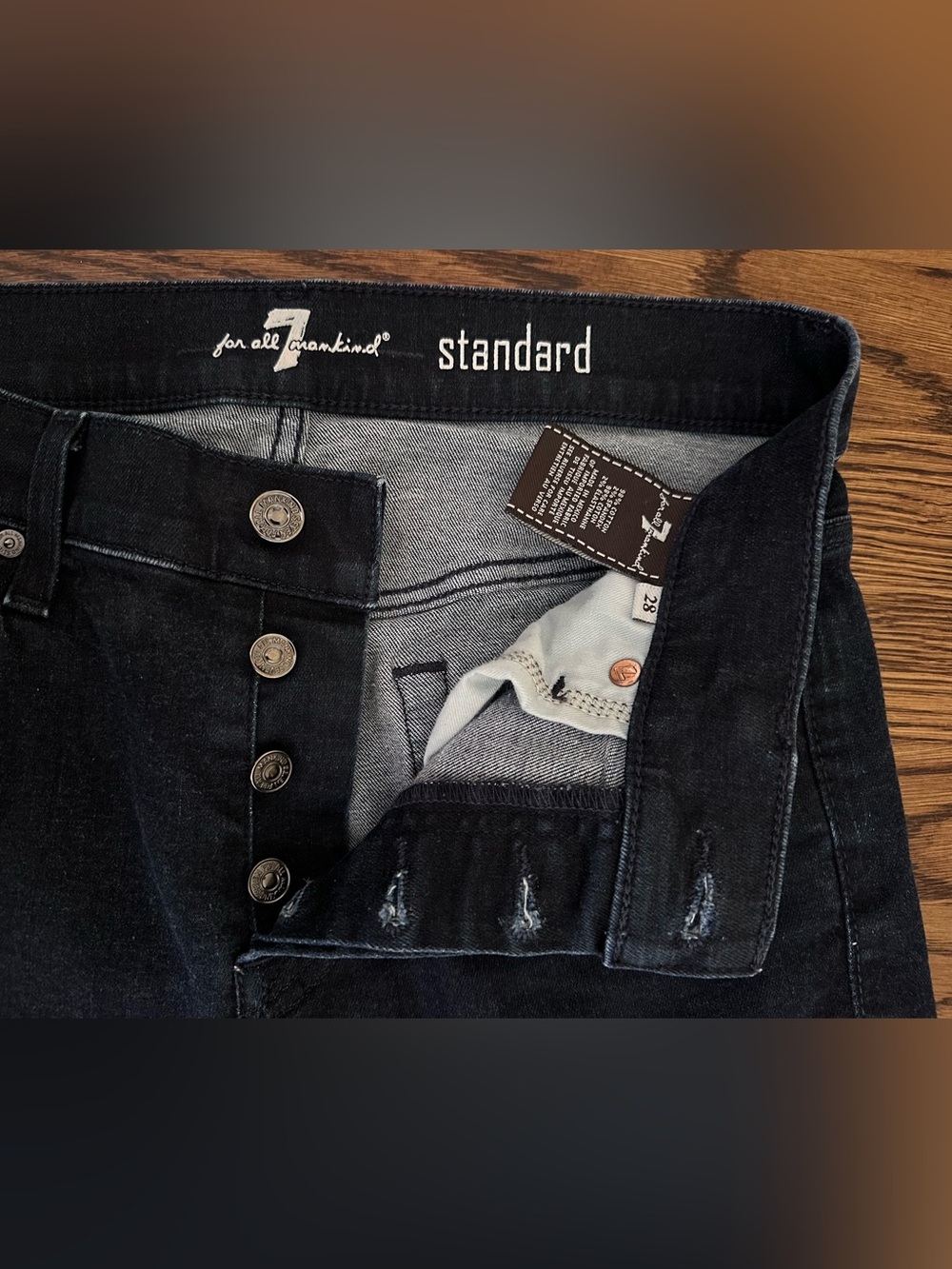 Dark Indigo Button-Fly Jeans, 7 for All Mankind, Size 28